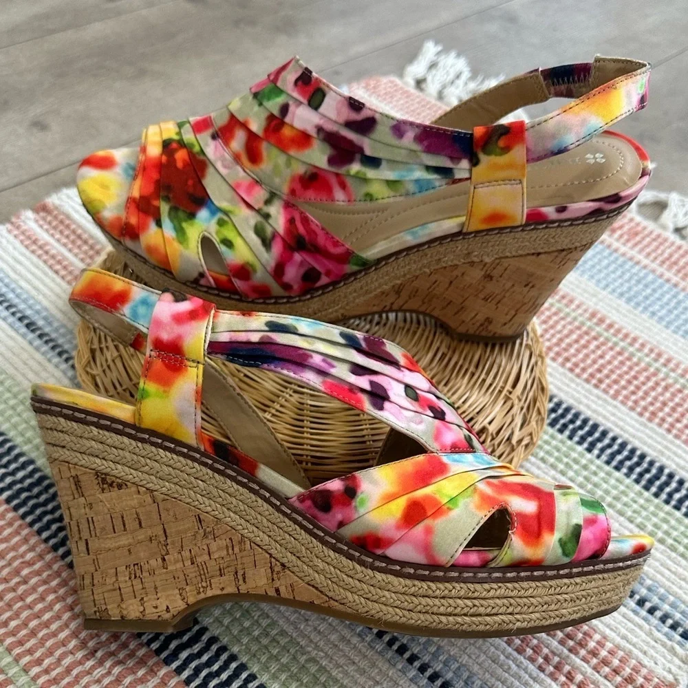 Naturalizer Lulianna Floral Ankle Strap Wedge Sandal Heel Shoes Size 8 1/2W